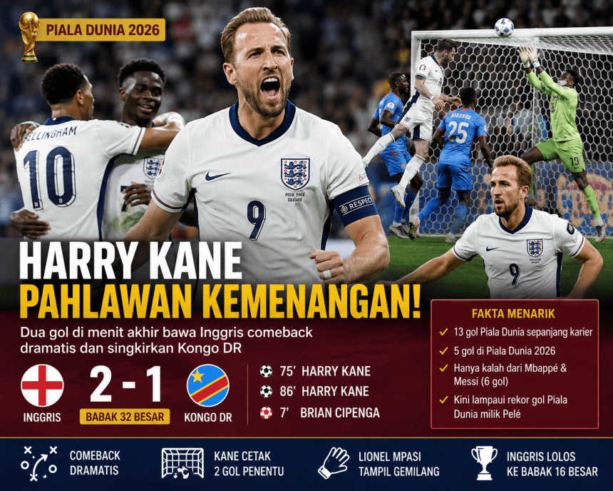 Harry Kane Jadi Pahlawan, Inggris Bangkit Dramatis dan Singkirkan Kongo DR di Piala Dunia 2026